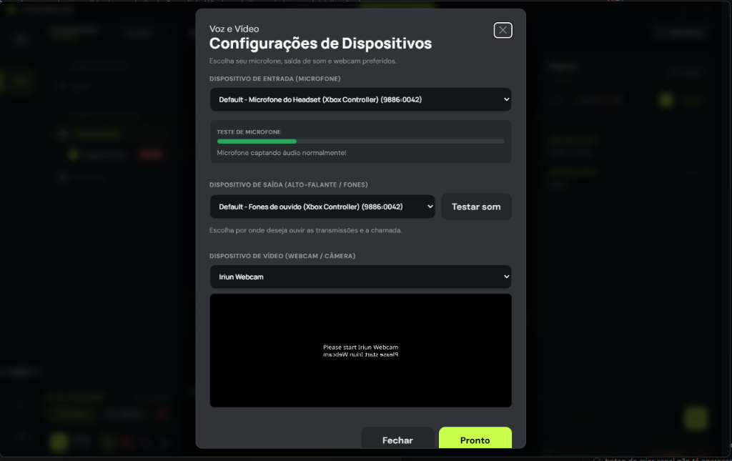 Configurações de voz e vídeo